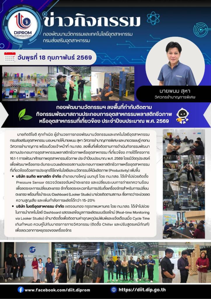 กองพัฒนานวัตกรรมฯ ลงพื้นที่กำกับติดตาม กิจกรรมพัฒนาสถานประกอบการอุตสาหกรรมพลาสติกชีวภาพ หรืออุตสาหกรรมที่เกี่ยวข้อง ประจำปีงบประมาณ พ.ศ. 2569