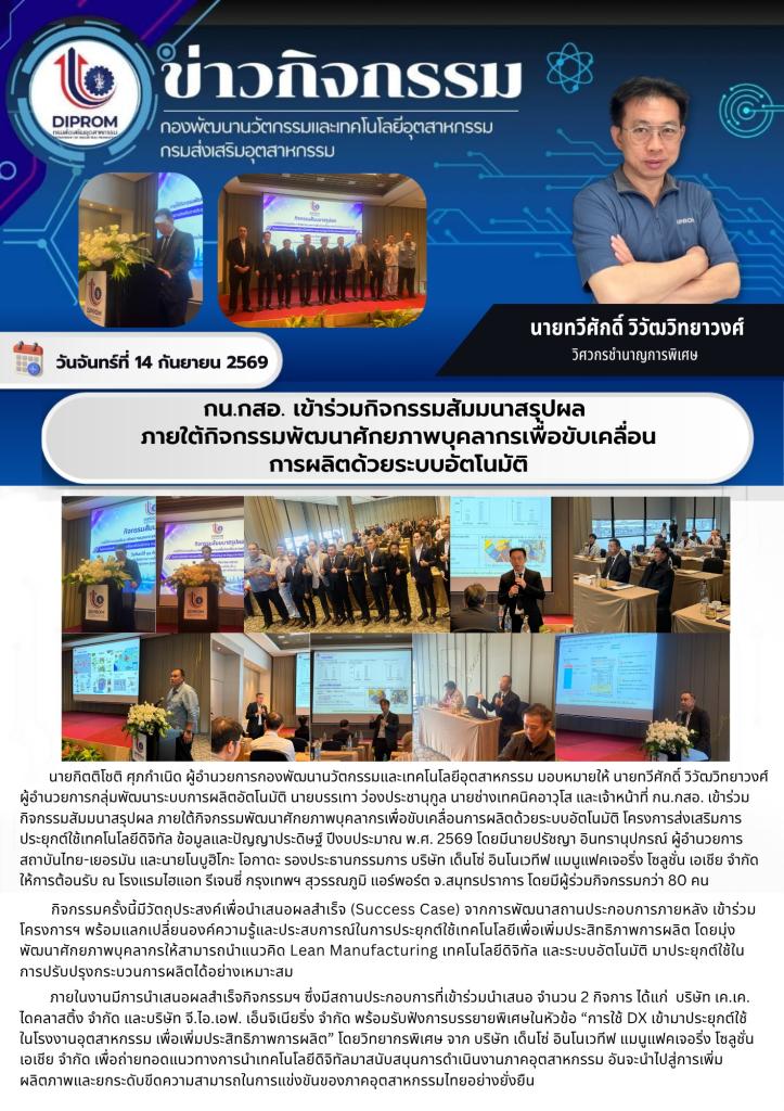 กน.กสอ.เข้าร่วมกิจกรรมสัมมนาสรุปผลภายใต้กิจกรรมพัฒนาศักยภาพบุคลากรเพื่อขับเคลื่อนการผลิตด้วยระบบอัตโนมัติ
