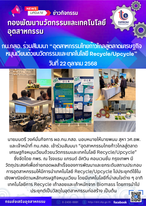นายมนตรี วงค์มั่นกิจการ ผอ.กน.กสอ. มอบหมายให้นายพนม สุหา วิศวกรชำนาญการพิเศษ และเจ้าหน้าที่ กน.กสอ. เข้าร่วมสัมมนา “อุตสาหกรรมไทยก้าวไกลสู่ตลาดเศรษฐกิจหมุนเวียนด้วยนวัตกรรมและเทคโนโลยี Recycle/Upcycle”