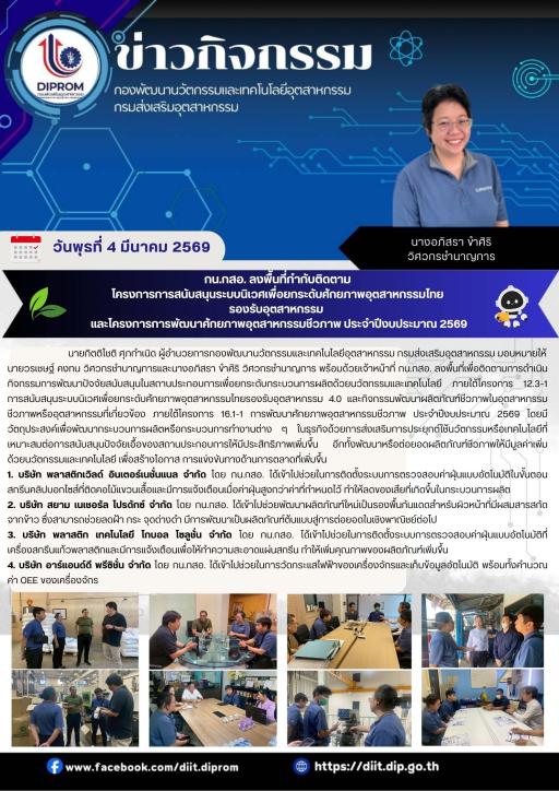 กน.กสอ. ลงพื้นที่กำกับติดตามโครงการการสนับสนุนระบบนิเวศเพื่อยกระดับศักยภาพอุตสาหกรรมไทยรองรับอุตสาหกรรมและ โครงการการพัฒนาศักยภาพอุตสาหกรรมชีวภาพ ประจำปีงบประมาณ 2569